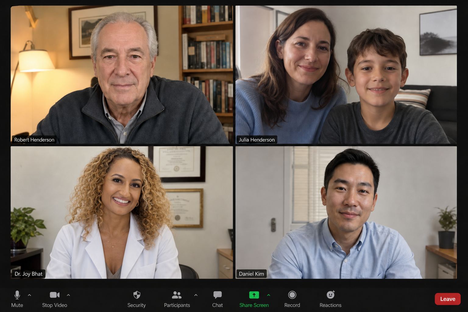 Peak Generation care-team video call: Robert Henderson (member), Julia Henderson and son, Dr. Joy Bhat (Longevity MD), Daniel Kim (Health Coach)