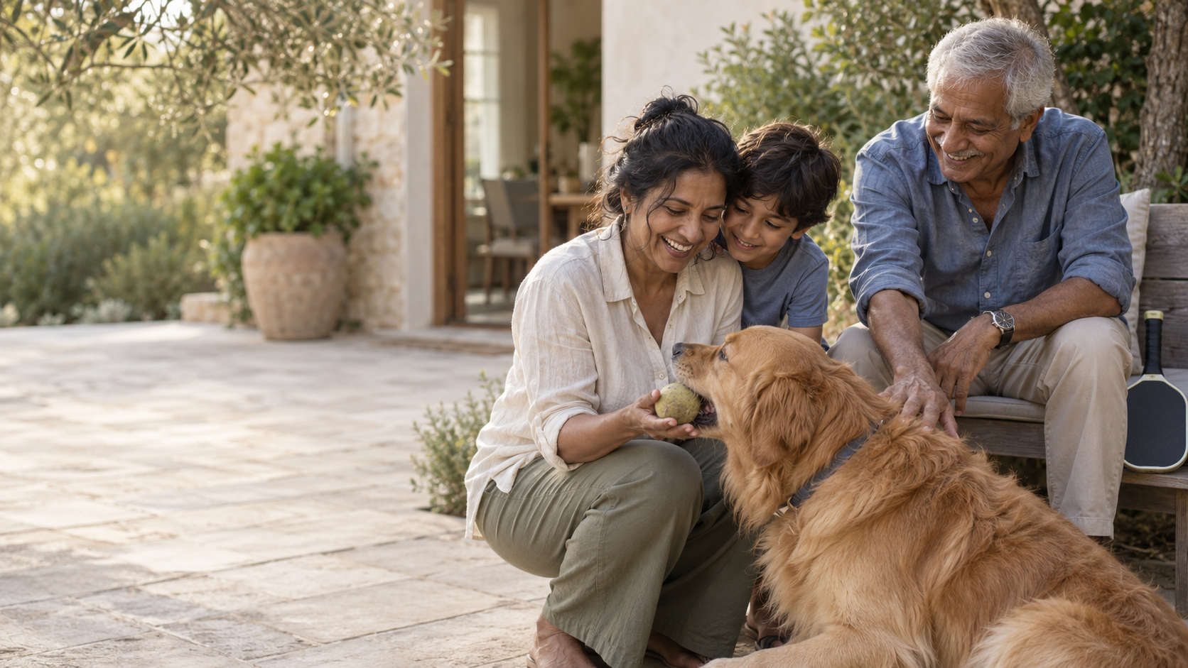 Three generations sharing a warm moment with their golden retriever